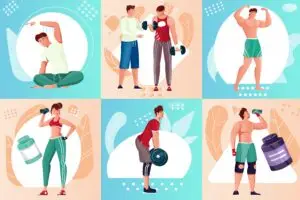 People exercising in gym – bodybuilding and fitness illustration